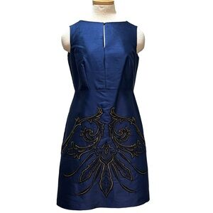 Lafayette 148 New York sz 8 blue silk blend dress with gold/black embroidery